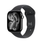 Apple Watch Series 11 GPS with 46 mm jet black aluminum case and black sport strap-Size M/L. Sleep quality, training and health monitors, always active display, water resistance