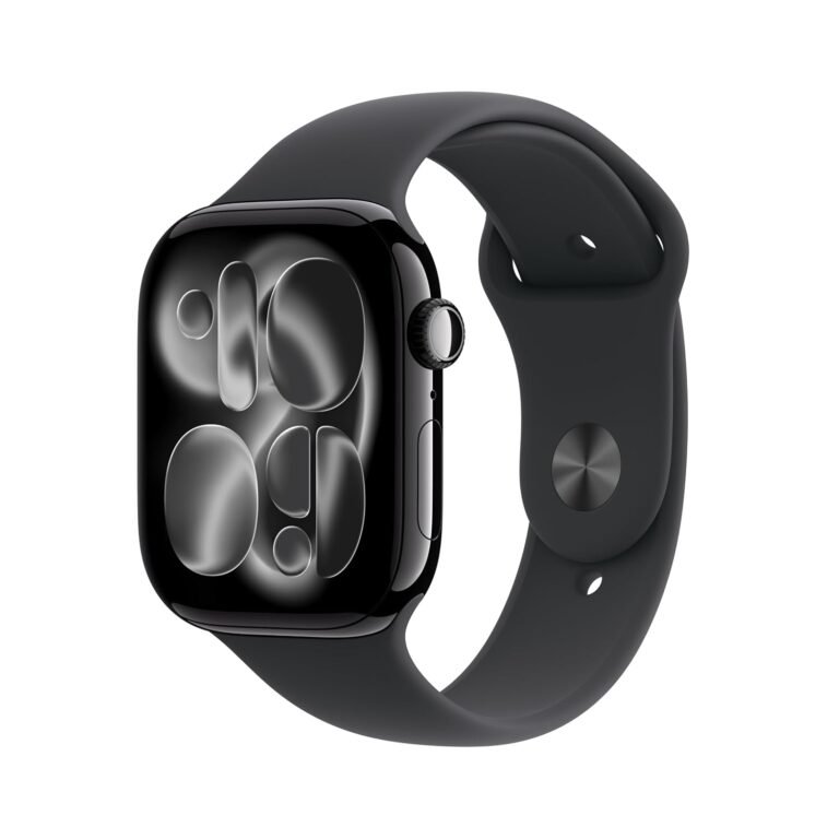 Apple Watch Series 11 GPS with 46 mm jet black aluminum case and black sport strap-Size M/L. Sleep quality, training and health monitors, always active display, water resistance