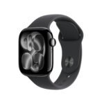 Apple Watch Series 11 GPS with 46 mm jet black aluminum case and black sport strap-Size M/L. Sleep quality, training and health monitors, always active display, water resistance