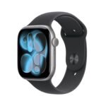 Apple Watch Series 11 GPS with 46 mm jet black aluminum case and black sport strap-Size M/L. Sleep quality, training and health monitors, always active display, water resistance