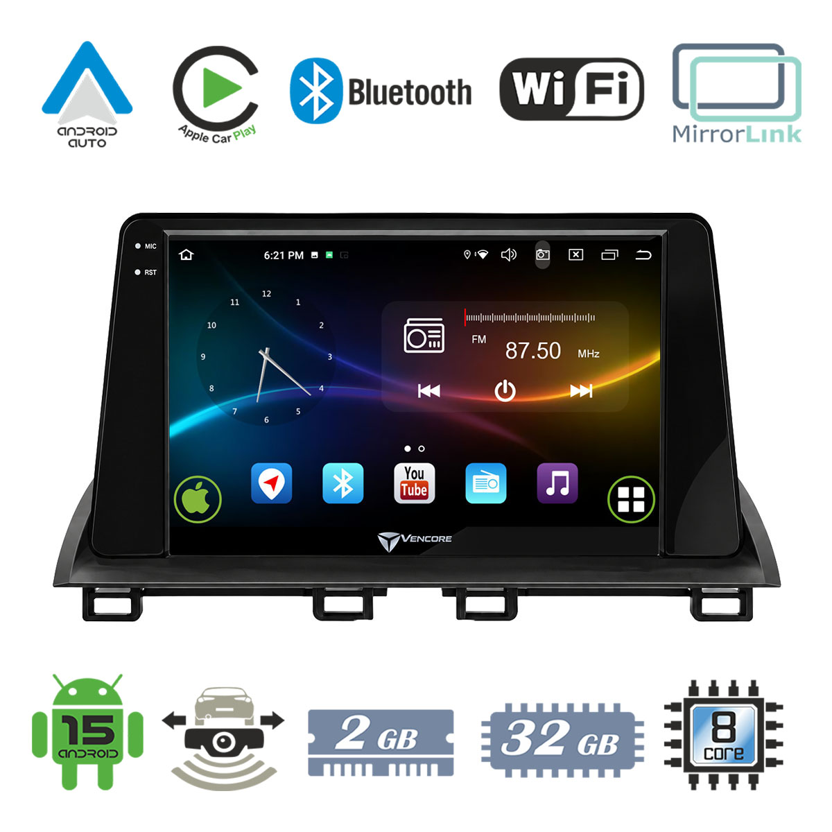 018043770bde32f7_20260925151507 VenCore 3236-10007-0138B - Οθόνη Multimedia Android 15 9" 9109A MTK6762 Octa-Core 2GB/32GB IPS με Πρόσοψη, CarPlay, Android Auto και Υποστήριξη Κάμερας Οπισθοπορείας AHD για Mazda 3 Axela 2014-2026 – Μαύρη - Image 1