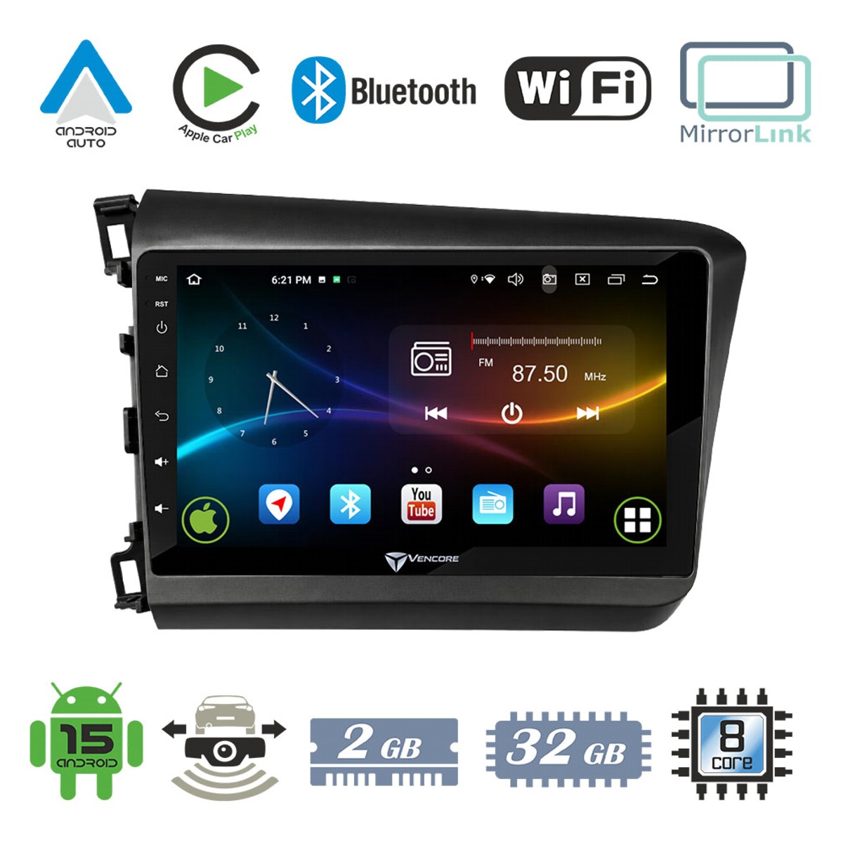 027cc2825c5c9379_20260924153221 VenCore 3236-10007-0149B - Οθόνη Multimedia Android 15 9" 9109A MTK6762 Octa-Core 2GB/32GB IPS με Πρόσοψη, CarPlay, Android Auto και Υποστήριξη Κάμερας Οπισθοπορείας AHD για Honda Civic 2012-2015 – Μαύρη - Image 1