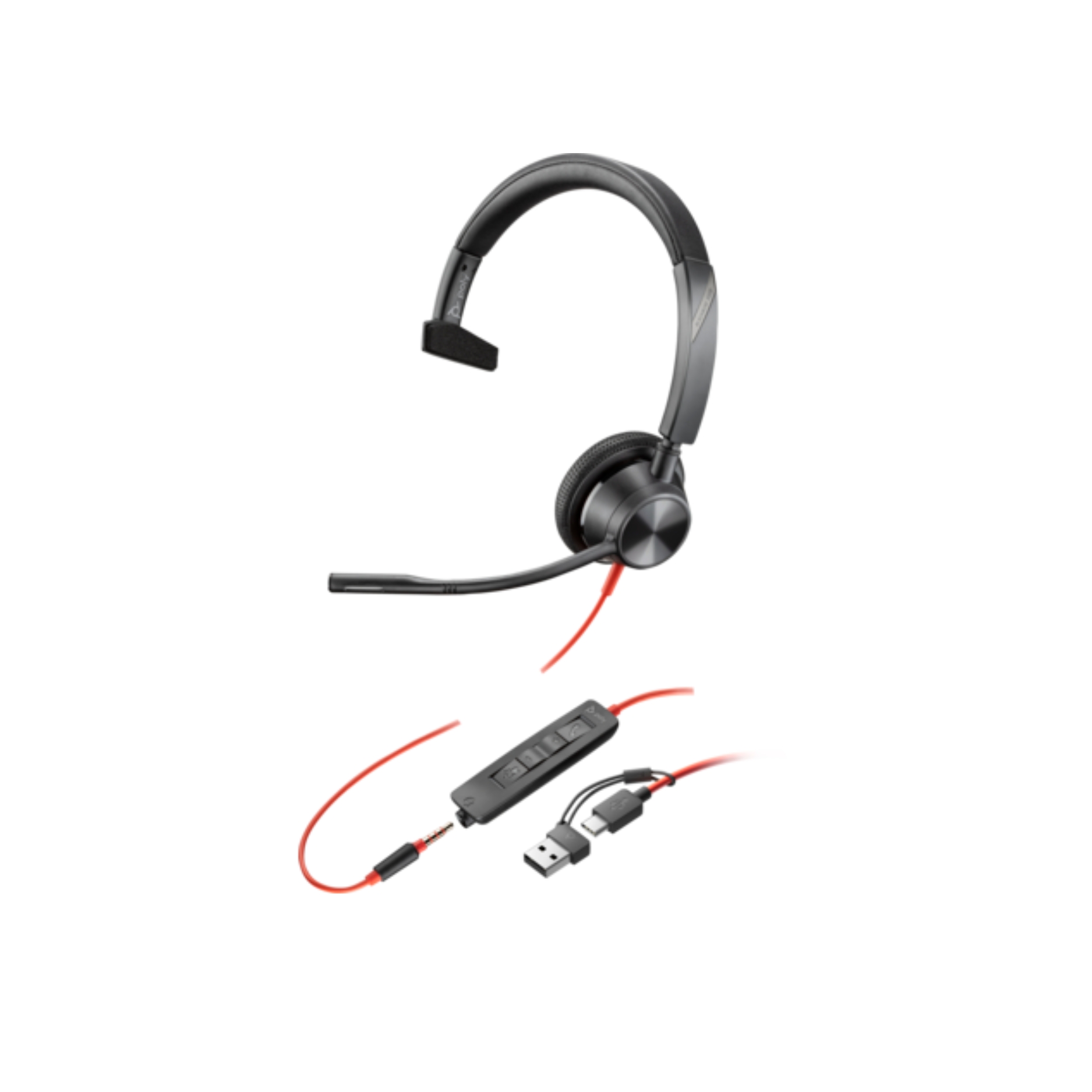POLY BLACKWIRE 3315 MONAURAL USB-C HEADSET +3.5MM PLUG +USB-C/A ADAPTER POLY BLACKWIRE 3315 MONAURAL USB-C HEADSET +3.5MM PLUG +USB-C/A ADAPTER - Image 1