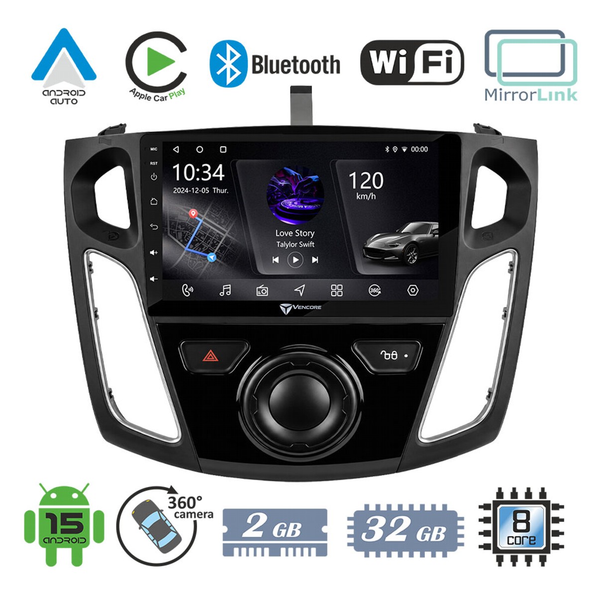 1134ef0f95484b20_20260922164928 VenCore 3236-10005-0044B - Οθόνη Multimedia Android 15 9" PX5S Octa-Core 2GB/32GB IPS με Πρόσοψη, CarPlay, Android Auto και Υποστήριξη Κάμερας 360° για Ford Focus 2012-2018 – Μαύρη - Image 1
