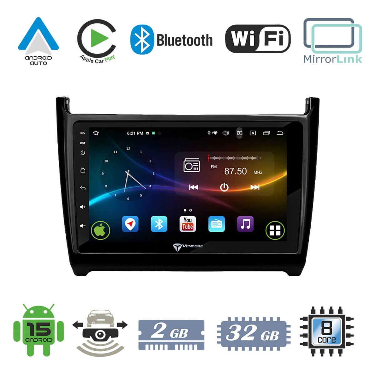 2ebda3be55ad6230_20260923153816 VenCore 3236-10007-0069B - Οθόνη Multimedia Android 15 9" 9109A MTK6762 Octa-Core 2GB/32GB IPS με Πρόσοψη, CarPlay, Android Auto και Υποστήριξη Κάμερας Οπισθοπορείας AHD για VW Polo 2009-2017 – Μαύρη - Image 1