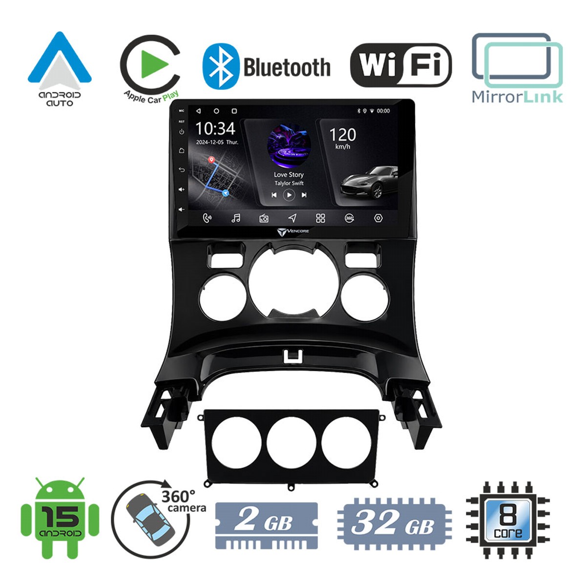 478064454eb02c1e_20260925155527 VenCore 3236-10005-0163B - Οθόνη Multimedia Android 15 9" PX5S Octa-Core 2GB/32GB IPS με Πρόσοψη, CarPlay, Android Auto και Υποστήριξη Κάμερας 360° για Peugeot 3008 2008-2016 – Μαύρη - Image 1