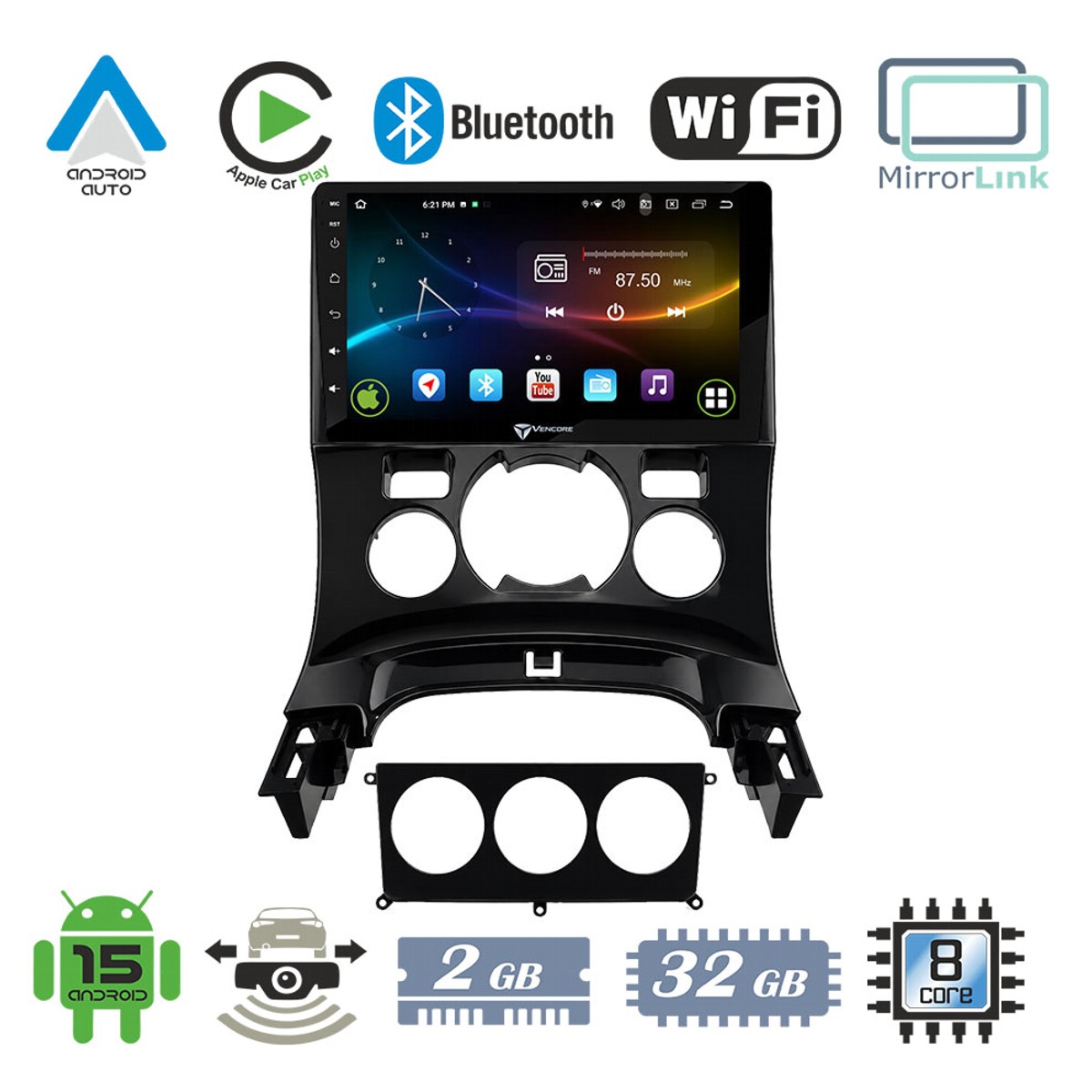 5c08fa4285d3b456_20260925155942 VenCore 3236-10007-0163B - Οθόνη Multimedia Android 15 9" 9109A MTK6762 Octa-Core 2GB/32GB IPS με Πρόσοψη, CarPlay, Android Auto και Υποστήριξη Κάμερας Οπισθοπορείας AHD για Peugeot 3008 2008-2016 – Μαύρη - Image 1