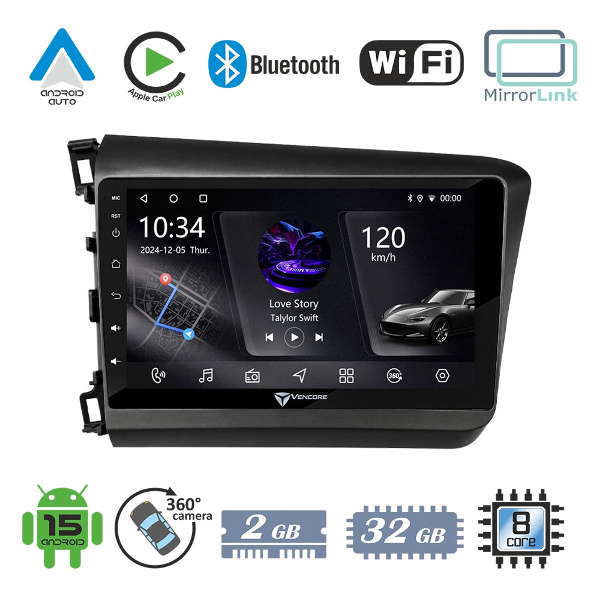 850e56dff05c3652_20260924152931 VenCore 3236-10005-0149B - Οθόνη Multimedia Android 15 9" PX5S Octa-Core 2GB/32GB IPS με Πρόσοψη, CarPlay, Android Auto και Υποστήριξη Κάμερας 360° για Honda Civic 2012-2015 – Μαύρη - Image 1