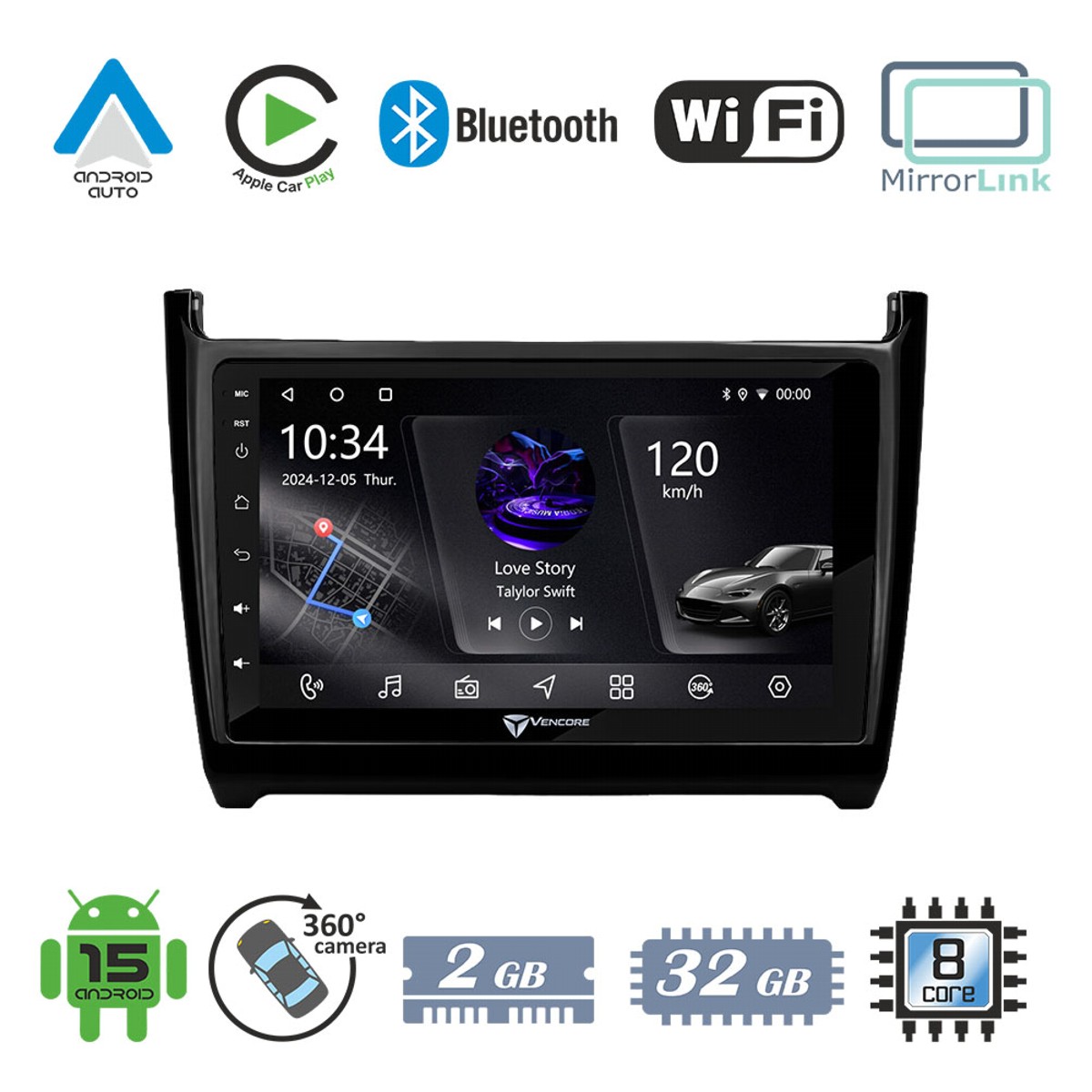 9cb106ecbb42df2f_20260923153605 VenCore 3236-10005-0069B - Οθόνη Multimedia Android 15 9" PX5S Octa-Core 2GB/32GB IPS με Πρόσοψη, CarPlay, Android Auto και Υποστήριξη Κάμερας 360° για VW Polo 2009-2017 – Μαύρη - Image 1