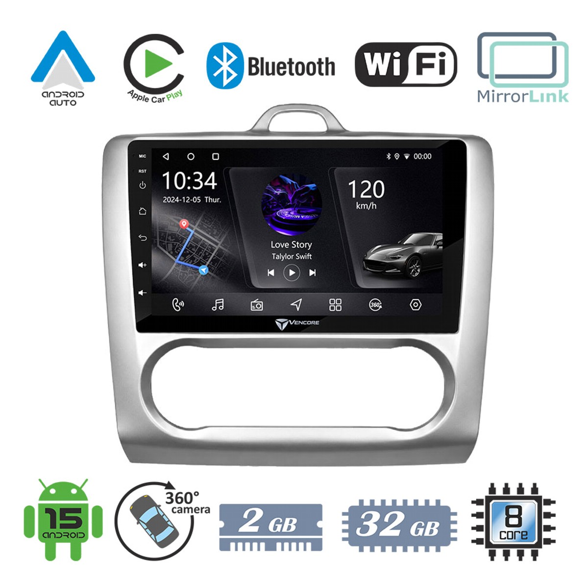 ab7e1fbc1de020aa_20260921125656 VenCore 3236-10005-0041SA - Οθόνη Multimedia Android 15 9" PX5S Octa-Core 2GB/32GB IPS με Πρόσοψη, CarPlay, Android Auto και Υποστήριξη Κάμερας 360° για Ford Focus Auto A/C 2004-2015 – Ασημί - Image 1