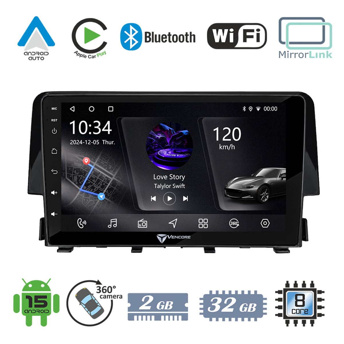 c6bd649a147dadf1_20260922152401 VenCore 3236-10005-0058B - Οθόνη Multimedia Android 15 9" PX5S Octa-Core 2GB/32GB IPS με Πρόσοψη, CarPlay, Android Auto και Υποστήριξη Κάμερας 360° για Honda Civic 2016-2026 – Μαύρη - Image 1