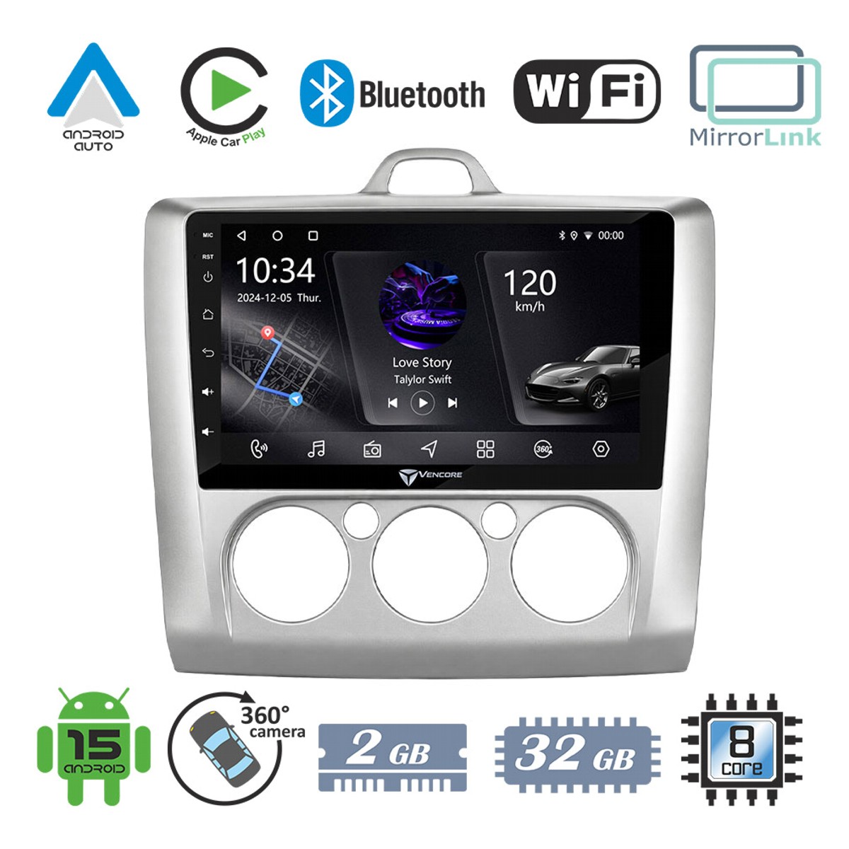 d1c63fcf0f0cfeac_20260921132953 VenCore 3236-10005-0041SM - Οθόνη Multimedia Android 15 9" PX5S Octa-Core 2GB/32GB IPS με Πρόσοψη, CarPlay, Android Auto και Υποστήριξη Κάμερας 360° για Ford Focus Manual A/C 2004-2015 – Ασημί - Image 1