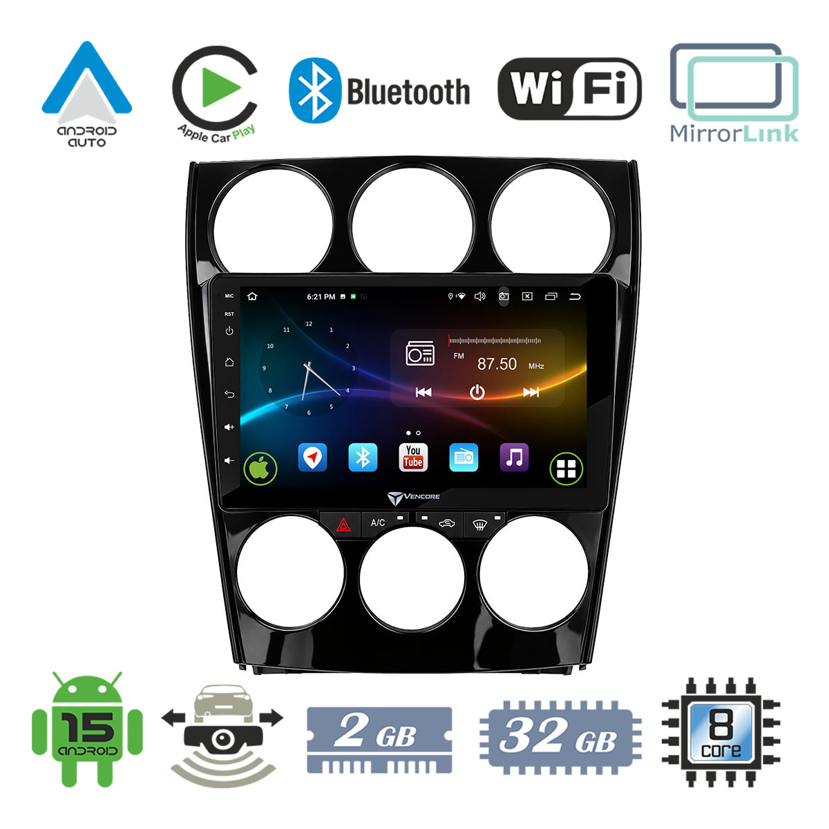 dd3319b56ef0e043_20260930133452 VenCore 3236-10007-0263B - Οθόνη Multimedia Android 15 9" 9109A MTK6762 Octa-Core 2GB/32GB IPS με Πρόσοψη, CarPlay, Android Auto και Υποστήριξη Κάμερας Οπισθοπορείας AHD για Mazda 6 2002-2008 – Μαύρη - Image 1