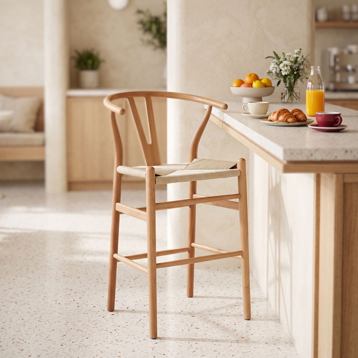 Σκαμπό μπαρ Wishbone pakoworld μεσαίου ύψους rubberwood-σχοινί σε φυσική απόχρωση 55x49x96εκ Σκαμπό μπαρ Wishbone μεσαίου ύψους rubberwood-σχοινί σε φυσική απόχρωση 55x49x96εκ - Image 1