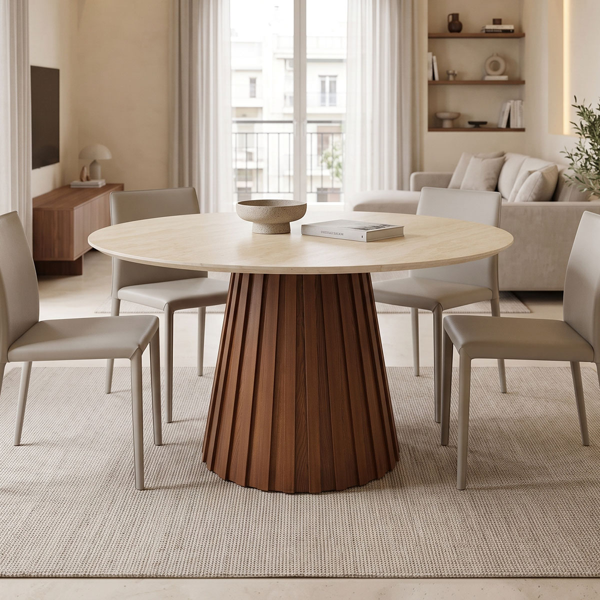 Τραπέζι Franzel pakoworld sintered stone σε όψη τραβερτίνας-mdf καρυδί Φ120x75εκ Τραπέζι Franzel sintered stone σε όψη τραβερτίνας-mdf καρυδί Φ120x75εκ - Image 1