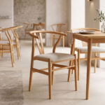Καρέκλα Wishbone rubberwood-ύφασμα σε φυσική-γκρι απόχρωση 51x58x73εκ