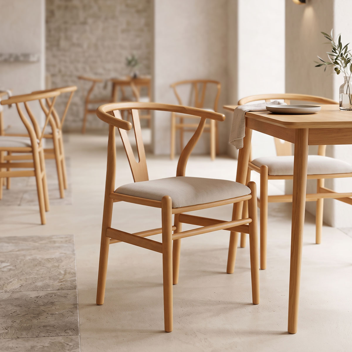 Καρέκλα Wishbone pakoworld rubberwood-ύφασμα σε φυσική-γκρι απόχρωση 51x58x73εκ Καρέκλα Wishbone rubberwood-ύφασμα σε φυσική-γκρι απόχρωση 51x58x73εκ - Image 1