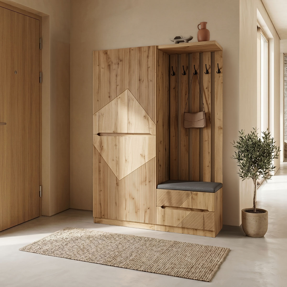 Έπιπλο εισόδου Zomie pakoworld σε oak απόχρωση 131x41.5x180.4εκ Έπιπλο εισόδου Zomie σε oak απόχρωση 131x41.5x180.4εκ - Image 1