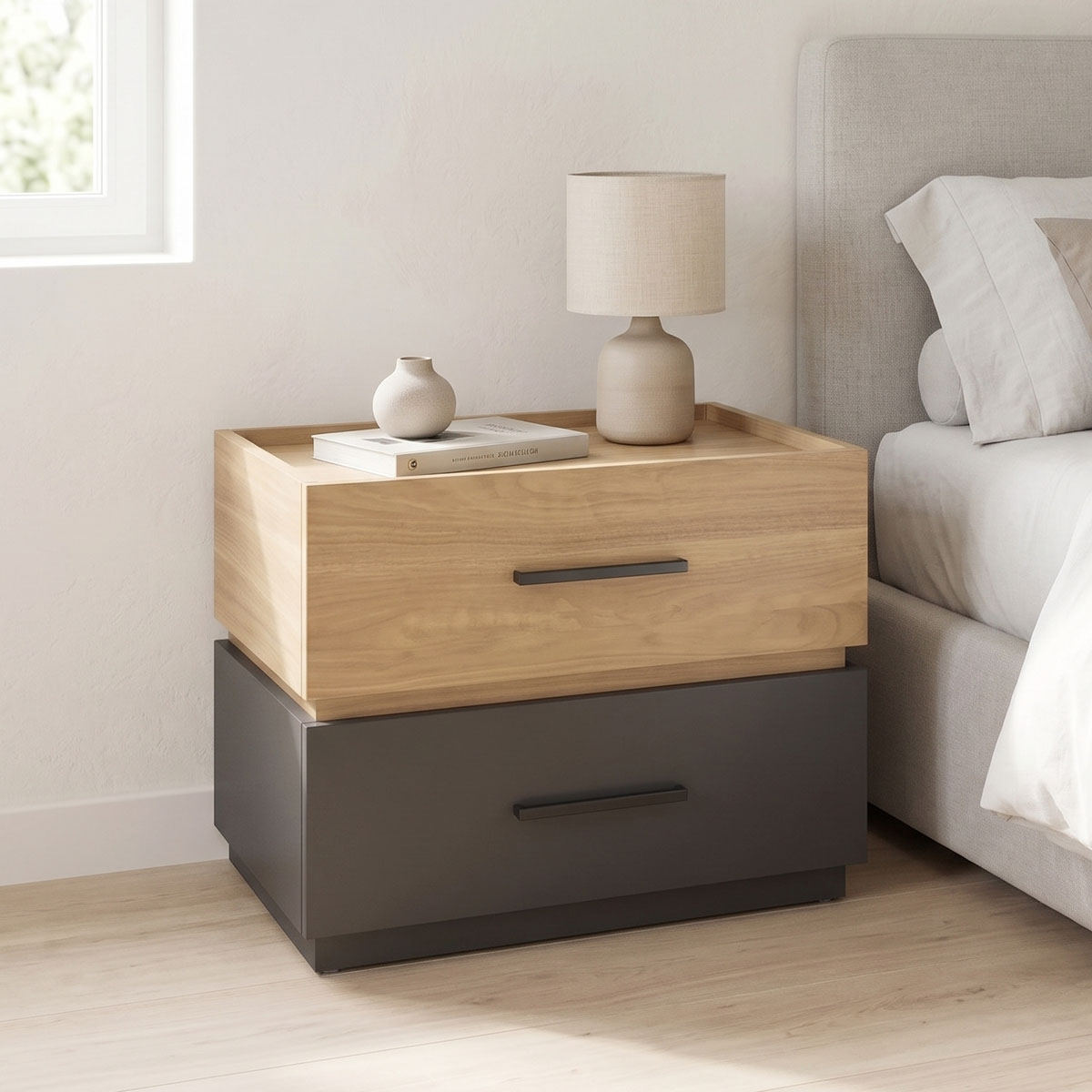 Κομοδίνο Sonlen pakoworld mdf σε sonoma-ανθρακί απόχρωση 60x40x44.5εκ Κομοδίνο Sonlen mdf σε sonoma-ανθρακί απόχρωση 60x40x44.5εκ - Image 1