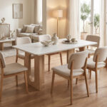 Τραπέζι Benqui sintered stone-mdf σε λευκό μαρμάρου με βάση σε φυσική απόχρωση 160x90x75εκ