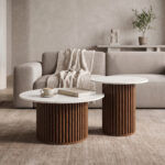 Τραπέζι σαλονιού Skerta σετ 2τεμ λευκό sintered stone mdf με καρυδί βάση