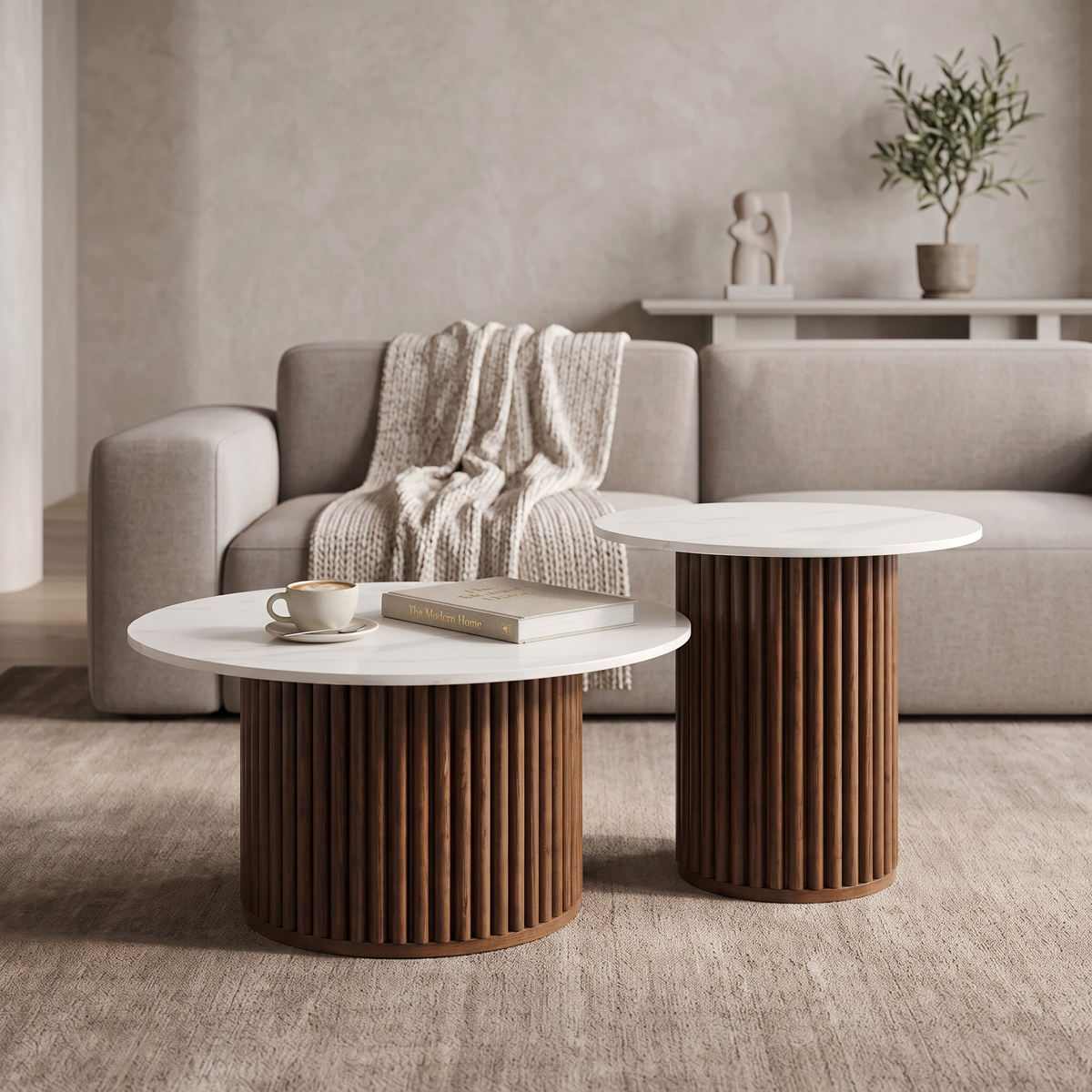 Τραπέζι σαλονιού Skerta pakoworld σετ 2τεμ λευκό sintered stone mdf με καρυδί βάση Τραπέζι σαλονιού Skerta σετ 2τεμ λευκό sintered stone mdf με καρυδί βάση - Image 1