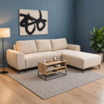 Kαναπές κρεβάτι τριθέσιος αναστρέψιμος Settee ύφασμα με αποθηκευτικό χώρο σε μπεζ απόχρωση 286x204x93εκ