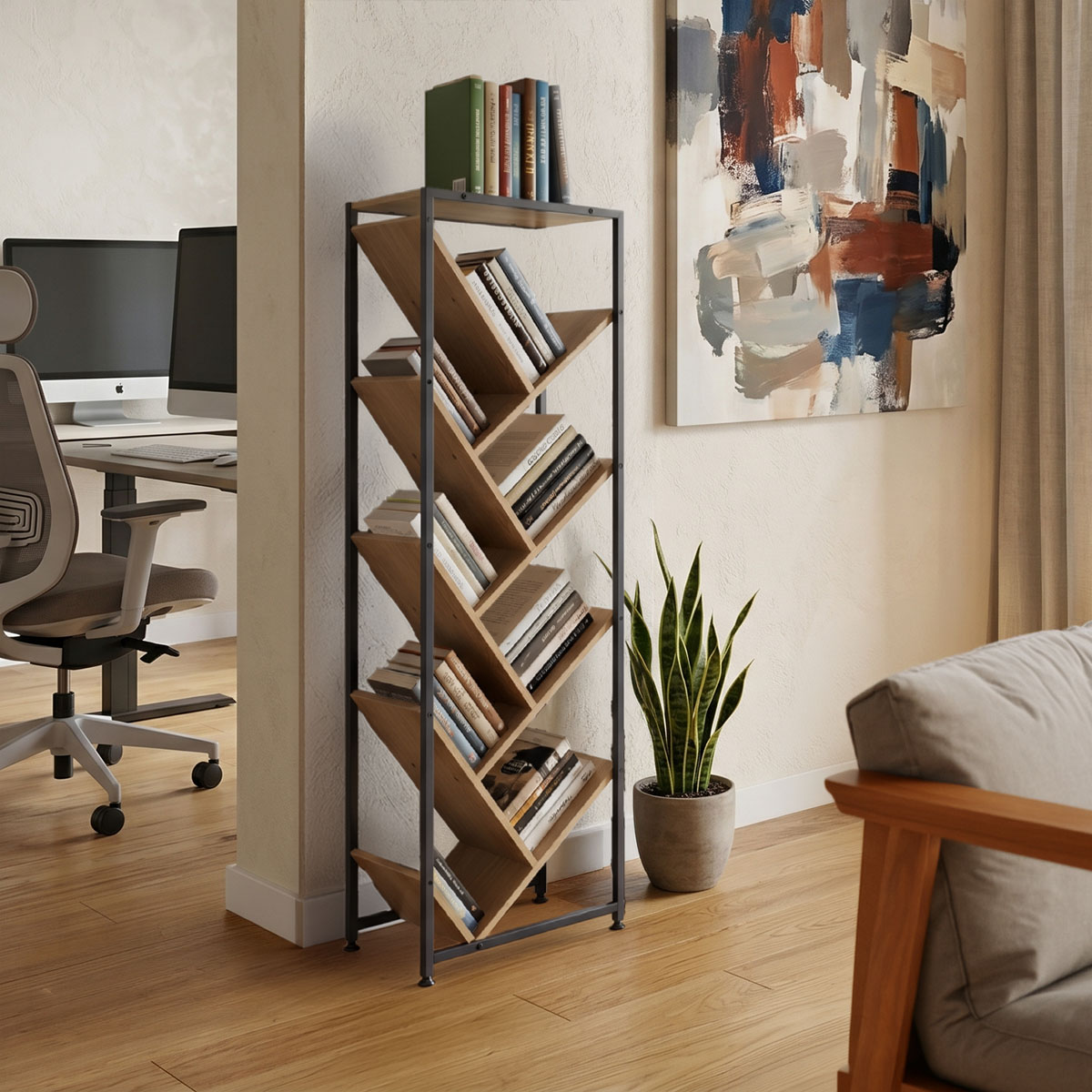 Βιβλιοθήκη Orunta pakoworld oak- μαύρο μέταλλο 40x26.5x125εκ Βιβλιοθήκη Orunta oak- μαύρο μέταλλο 40x26.5x125εκ - Image 1