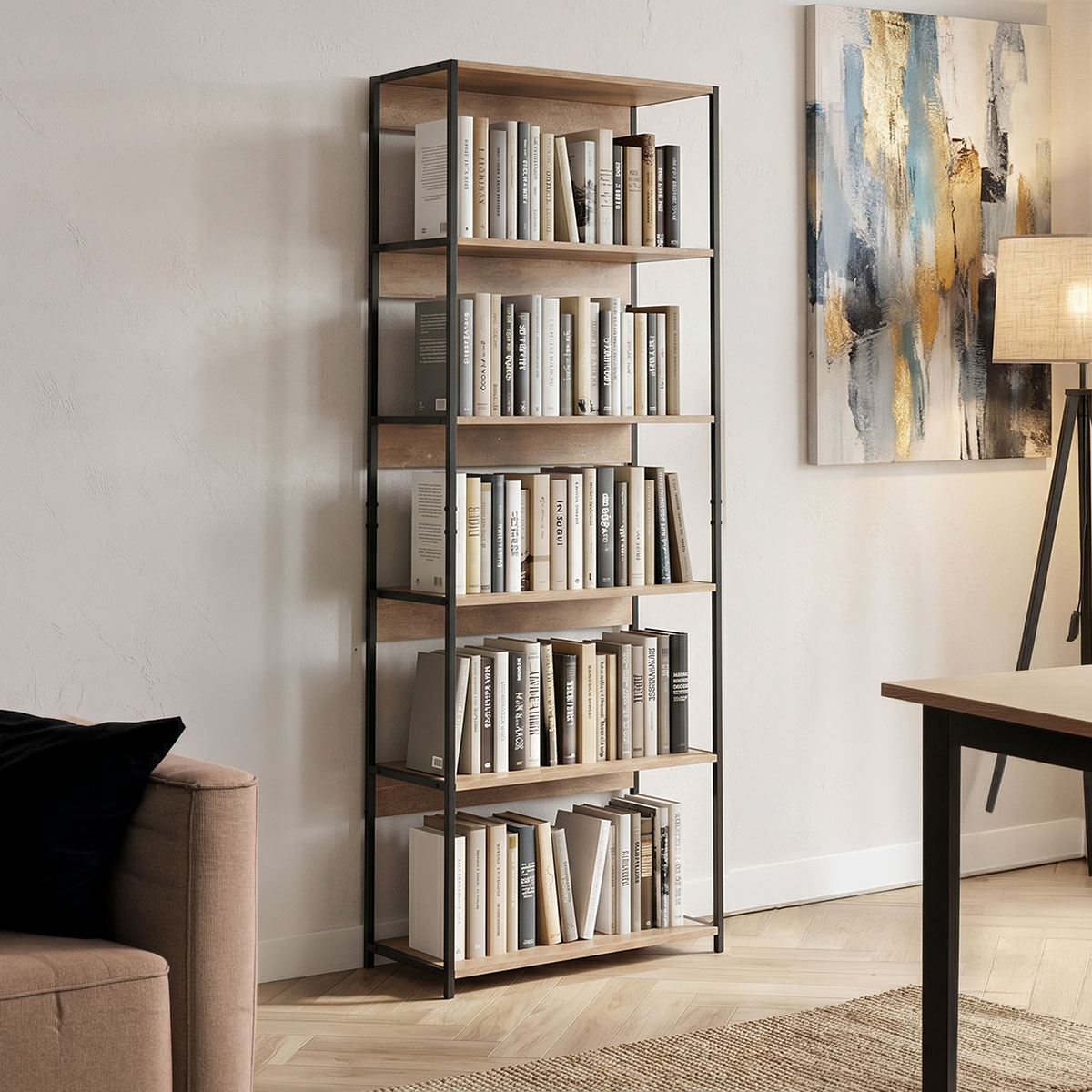 Βιβλιοθήκη Kaliano pakoworld oak-μαύρο μέταλλο 59.5x35x176.5εκ Βιβλιοθήκη Kaliano oak-μαύρο μέταλλο 59.5x35x176.5εκ - Image 1