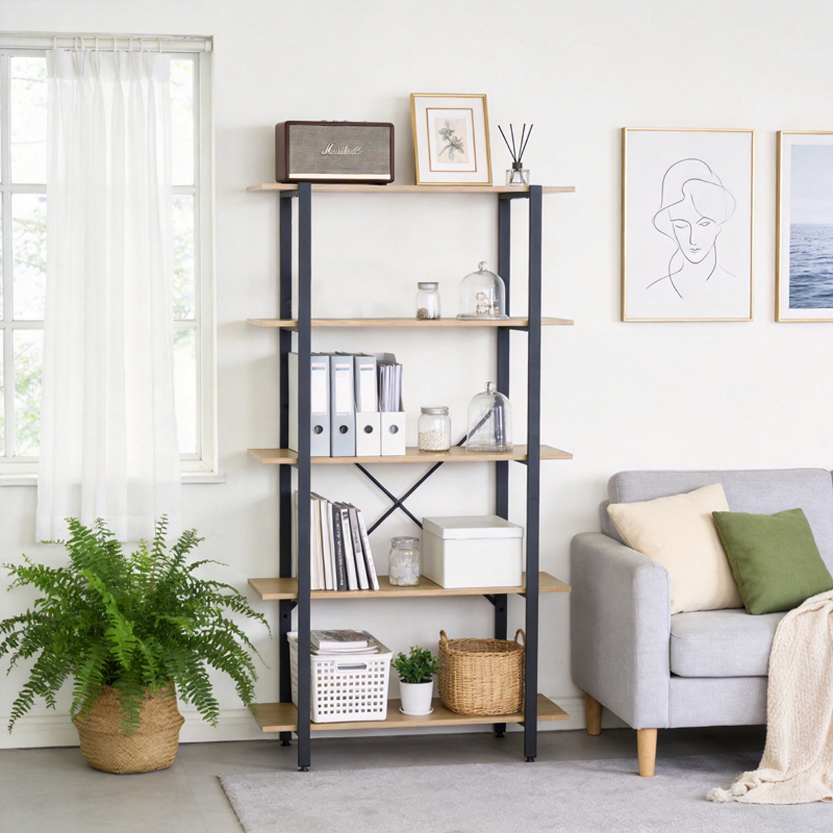 Βιβλιοθήκη Nebranzo pakoworld oak με μαύρο μέταλλο 80x34x155.3εκ Βιβλιοθήκη Nebranzo oak με μαύρο μέταλλο 80x34x155.3εκ - Image 1