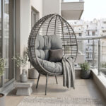 Πολυθρόνα Nestie wicker rattan γκρι-μεταλλικό γκρι πόδι-γκρι μαξιλάρι 102x80x155εκ
