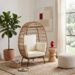 Πολυθρόνα Frox wicker rattan φυσικό-μεταλλικό φυσικό-μαύρο πόδι-μπεζ μαξιλάρι 96x76x145εκ