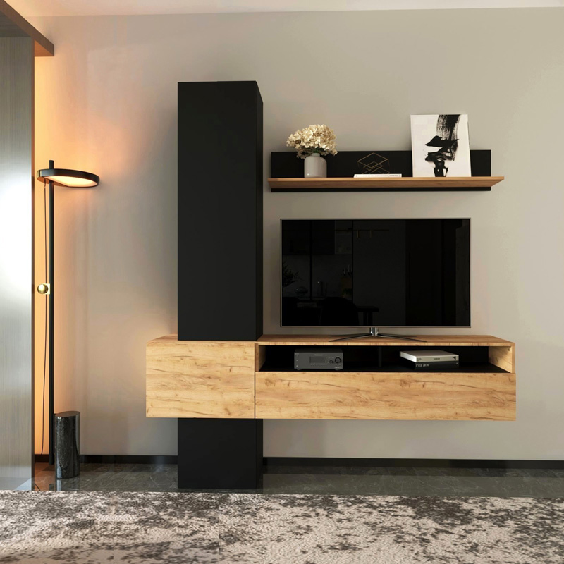Σύνθετο σαλονιού Wendy pakoworld σε oak-μαύρη απόχρωση 195.1x37.3x219.1εκ Σύνθετο σαλονιού Wendy σε oak-μαύρη απόχρωση 195.1x37.3x219.1εκ - Image 1