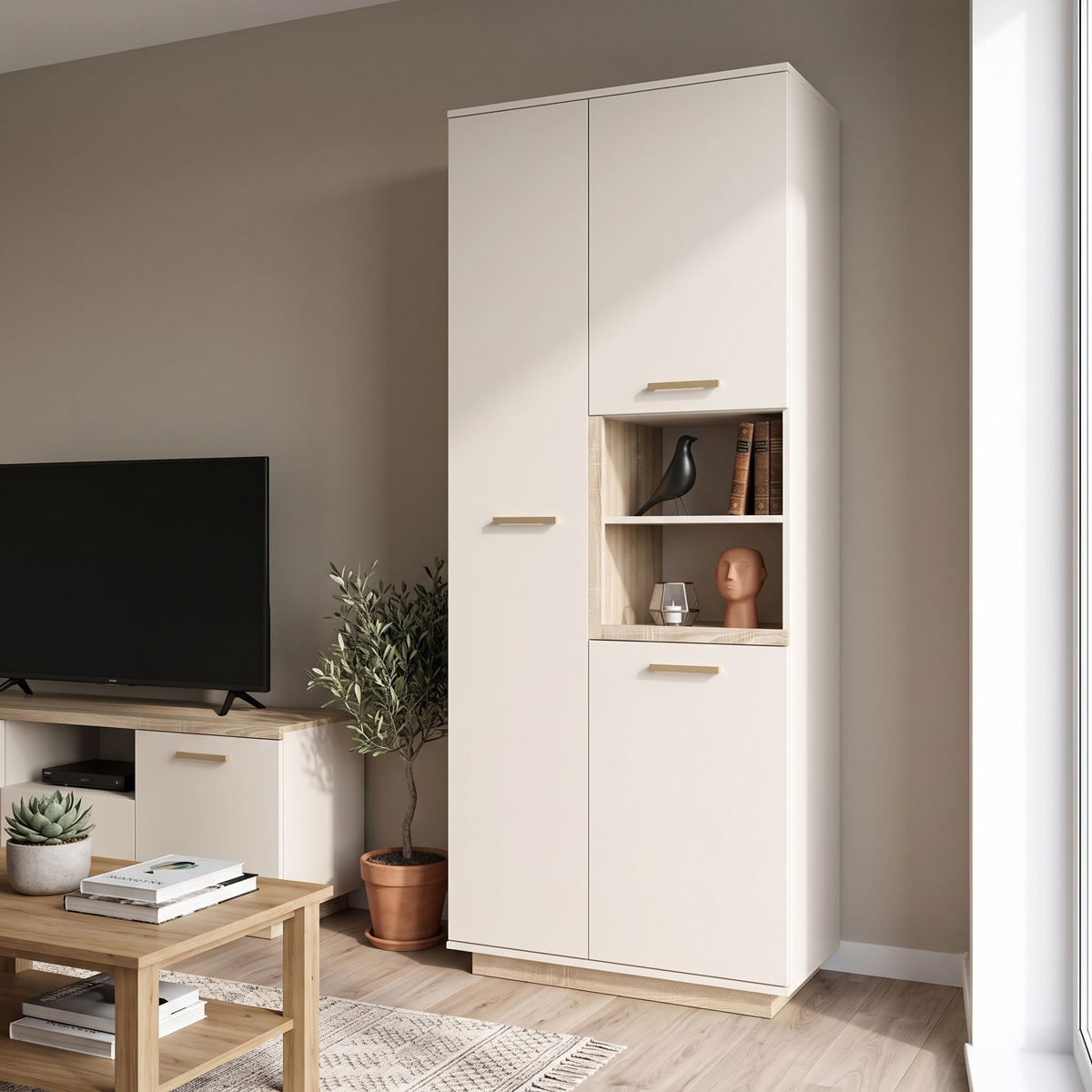 Ντουλάπα στήλη Norda pakoworld κρεμ με oak 199,5x40x80εκ Ντουλάπα στήλη Norda κρεμ με oak 199,5x40x80εκ - Image 1