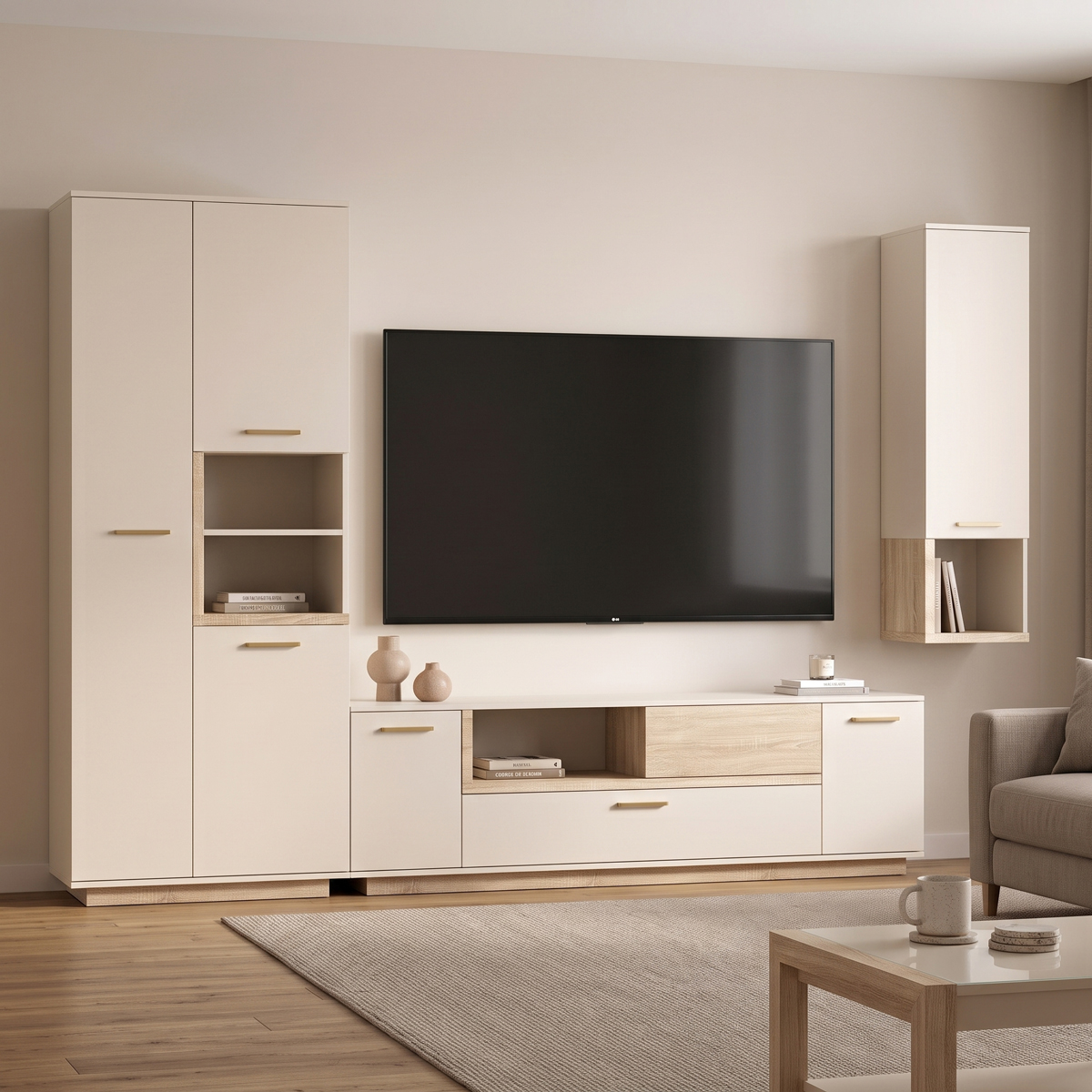 Σύνθετο σαλονιού Norda pakoworld κρεμ με oak 187x40x58,4εκ Σύνθετο σαλονιού Norda κρεμ με oak 187x40x58,4εκ - Image 1
