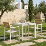 Τραπεζαρία Savor-Kliton σετ 3τεμ λευκό αλουμίνιο και rattan σε φυσικό χρώμα 80x80x74εκ