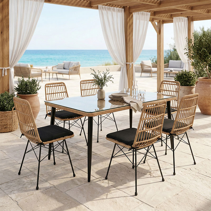 Τραπεζαρία Naoki U σετ 7τεμ pakoworld rattan pe σε φυσική απόχρωση και μαύρο μέταλλο 160x90x78εκ Τραπεζαρία Naoki U σετ 7τεμ rattan pe σε φυσική απόχρωση και μαύρο μέταλλο 160x90x78εκ - Image 1