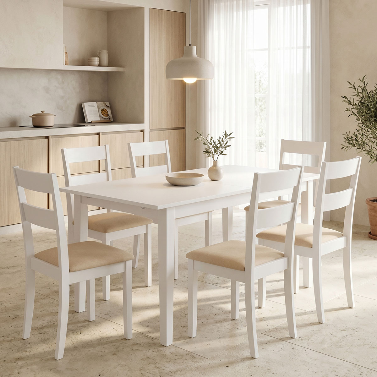 Τραπεζαρία Dallan Mabor pakoworld 7τεμ λευκό rubberwood 120-150x80x73,8εκ Τραπεζαρία Dallan Mabor 7τεμ λευκό rubberwood 120-150x80x73,8εκ - Image 1