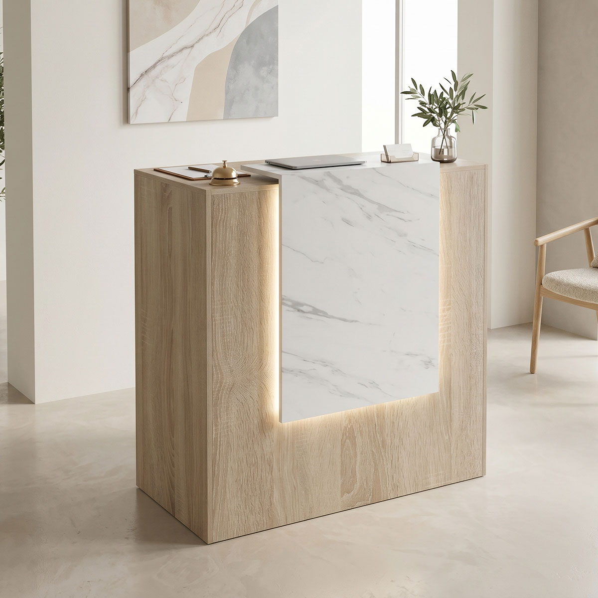 Γραφείο reception Zowel pakoworld με led sonoma-λευκή όψη μαρμάρου 90x40x110εκ Γραφείο reception Zowel με led sonoma-λευκή όψη μαρμάρου 90x40x110εκ - Image 1