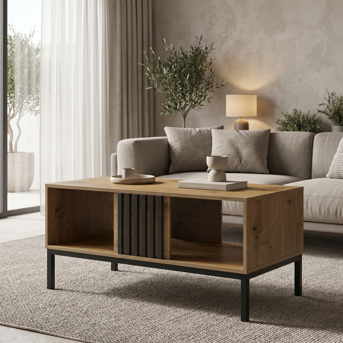 Τραπέζι σαλονιού Delanka pakoworld oak-μαύρο 92x50x46εκ Τραπέζι σαλονιού Delanka oak-μαύρο 92x50x46εκ - Image 1
