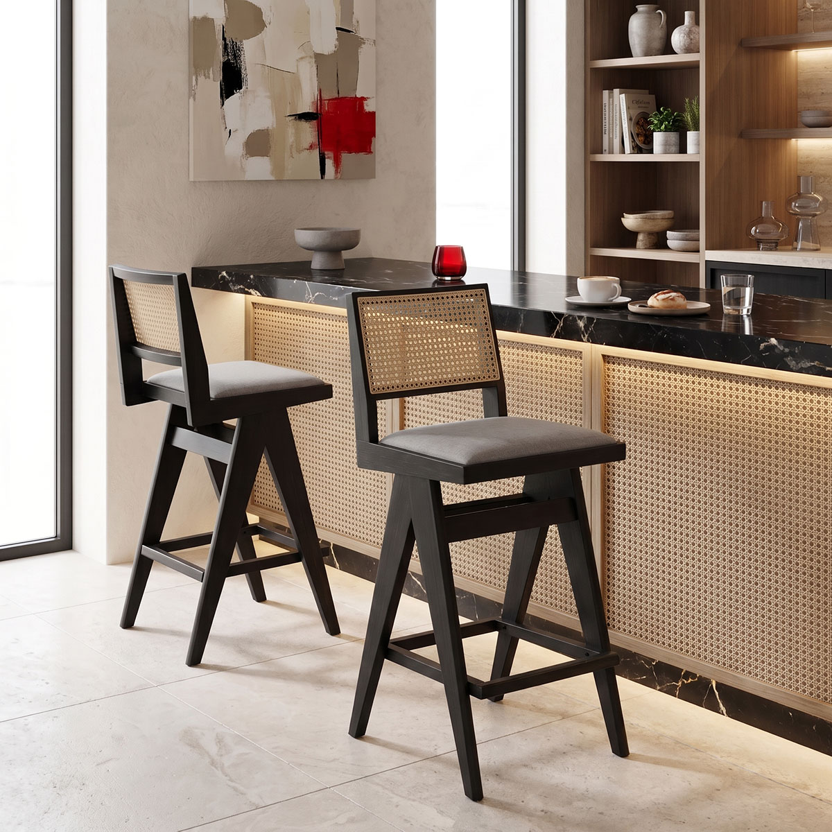 Σκαμπό bar Winslow pakoworld ξύλο rubberwood μαύρο-pvc rattan φυσικό-ύφασμα γκρι 44.5x46x98εκ Σκαμπό bar Winslow ξύλο rubberwood μαύρο-pvc rattan φυσικό-ύφασμα γκρι 44.5x46x98εκ - Image 1