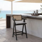 Σκαμπό bar Winslow ξύλο rubberwood μαύρο-pvc rattan φυσικό-ύφασμα γκρι