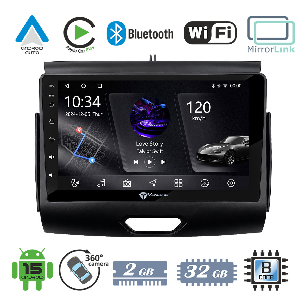 2c1e708df072bd1a_20261006140444 VenCore 3236-10005-0496B - Οθόνη Multimedia Android 15 9" PX5S Octa-Core 2GB/32GB IPS με Πρόσοψη, CarPlay, Android Auto και Υποστήριξη Κάμερας 360° για Ford Ranger 2017-2022 – Μαύρη - Image 1