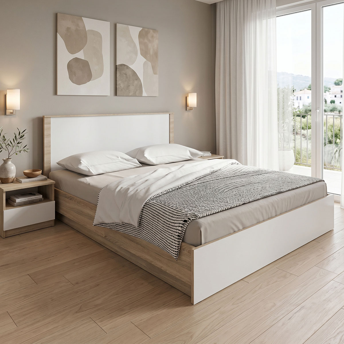 Κρεβάτι Athos pakoworld σε sonoma-λευκό απόχρωση 160x200εκ Κρεβάτι Athos σε sonoma-λευκό απόχρωση 160x200εκ - Image 1