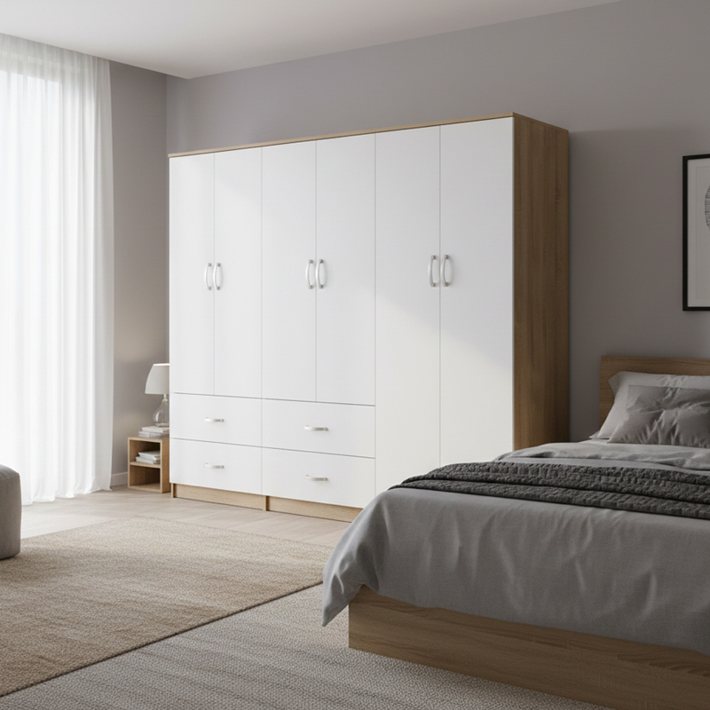 Ντουλάπα εξάφυλλη Athos pakoworld sonoma-λευκή 240x42x180εκ Ντουλάπα εξάφυλλη Athos sonoma-λευκή 240x42x180εκ - Image 1