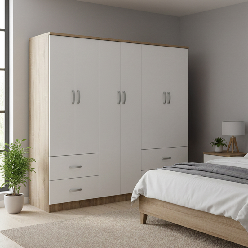 Ντουλάπα εξάφυλλη Athos pakoworld Sonoma-λευκό 200.5x42x180εκ Ντουλάπα εξάφυλλη Athos Sonoma-λευκό 200.5x42x180εκ - Image 1