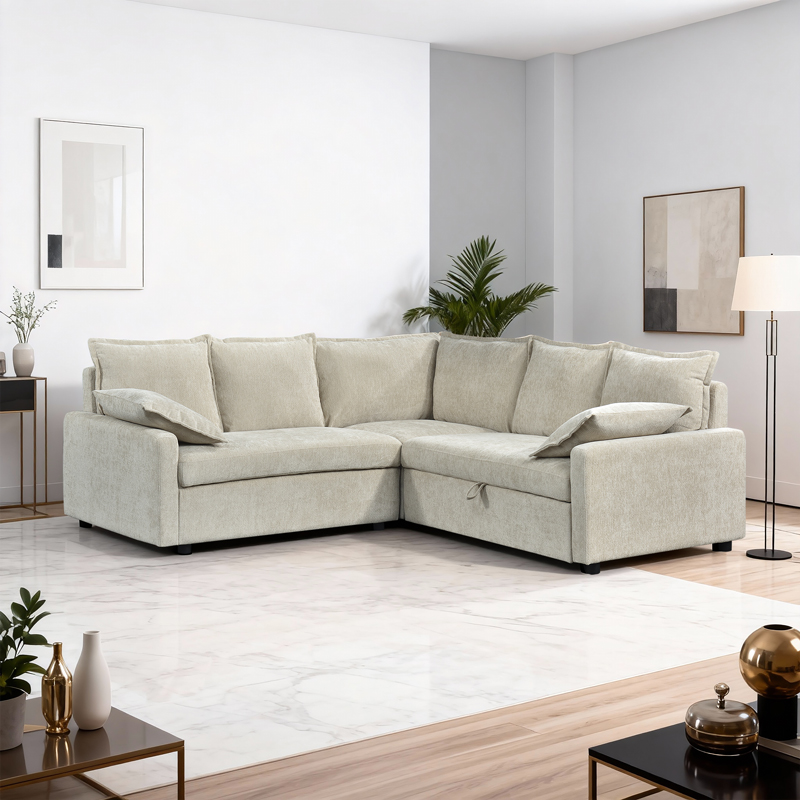 Γωνιακός καναπές κρεβάτι Lounivo pakoworld ύφασμα μπεζ 215x215x84εκ Γωνιακός καναπές κρεβάτι Lounivo ύφασμα μπεζ 215x215x84εκ - Image 1