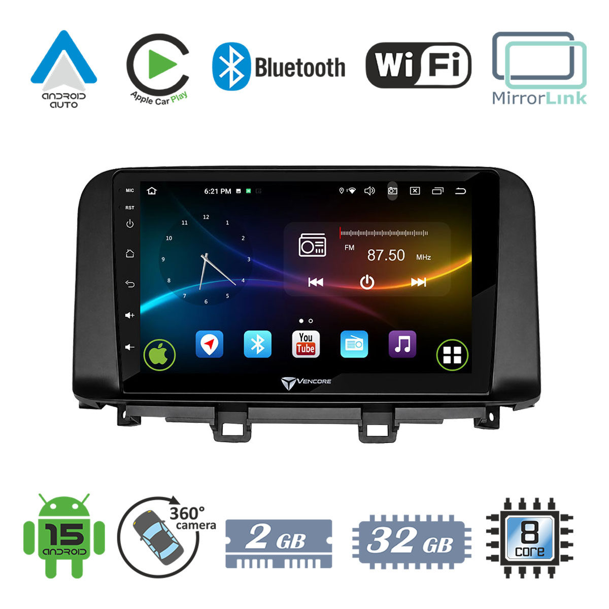 865a9da124fef36c_20261001162456 VenCore 3236-10008-0342B - Οθόνη Multimedia Android 15 10.1" 9109A MTK6762 Octa-Core 2GB/32GB IPS με Πρόσοψη, CarPlay, Android Auto και Υποστήριξη Κάμερας Οπισθοπορείας AHD για Hyundai Kona 2018-2023 – Μαύρη - Image 1