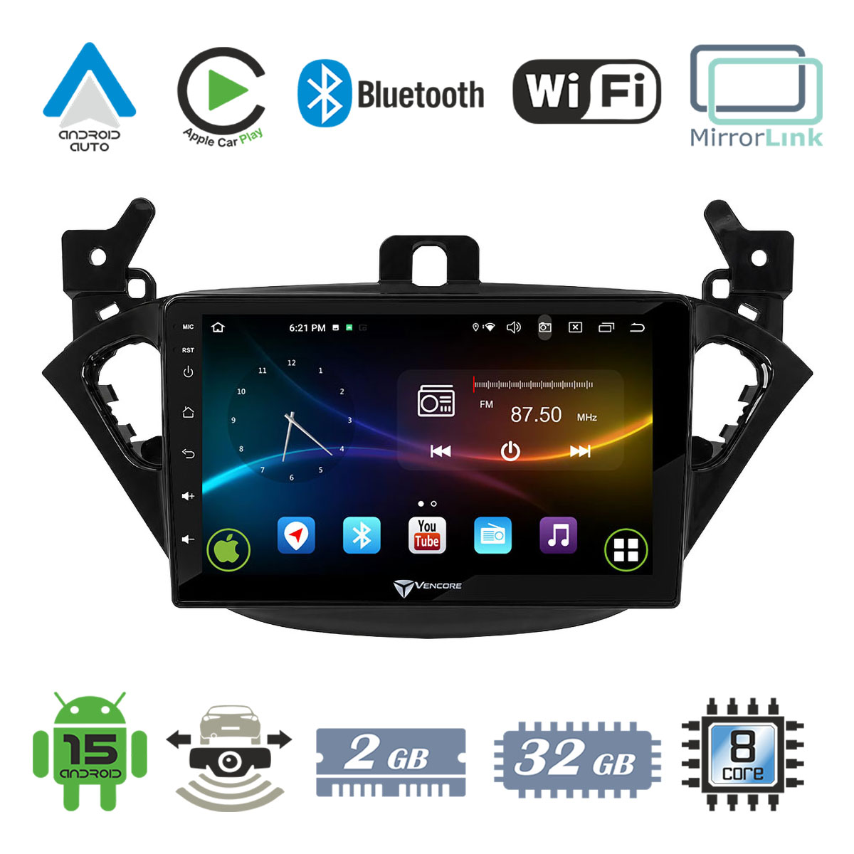 8c6802b961d7c33c_20261002121006 VenCore 3236-10007-0425B - Οθόνη Multimedia Android 15 9" 9109A MTK6762 Octa-Core 2GB/32GB IPS με Πρόσοψη, CarPlay, Android Auto και Υποστήριξη Κάμερας Οπισθοπορείας AHD για Opel Corsa E 2015-2018 – Μαύρη - Image 1